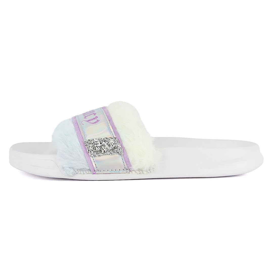 Juicy Couture Women's Fashionable Faux Fur Slide Sandals, Cozy Slip-On with EVA Sole for Indoor & Outdoor Slip-On: 7 White Tie Dye-stiches