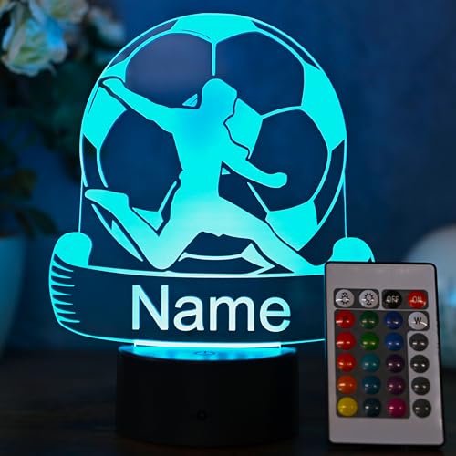 Personalisierte Fußball Lampe – LED Nachtlicht & Tischlampe mit Namen – Geschenkidee für Fußballer & Fans – originelle Fußball Deko fürs Kinderzimmer oder Wohnzimmer, dimmbar mit 16 Farben & Touch