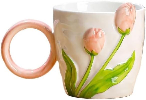 Mug Creative Relief Hand-Painted Flower Pattern Ceramic Home Office Afternoon Tea Water Cup(A)
