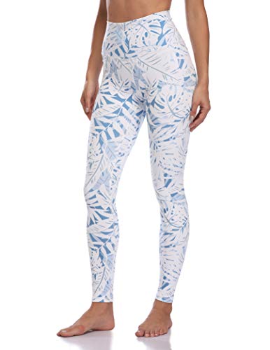 Colorfulkoala Women s High Waisted Pattern Leggings Full-Length Yoga Pants (S, White & Blue Tropical Palm Leaves)