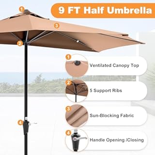 KMFurnila 9FT Half Patio Umbrella, Outdoor Half Umbrellas with Easy Crank Lift, UV-Blocking Canopy, 5 Ribs, Fade-Resistant Fabric, Ideal for Balcony, Backyard, Garden, Apartments & Deck