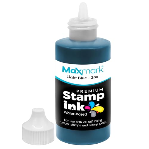 MaxMark Premium Refill Ink with Control Tip Bottle for Self-Inking Stamps, Light Blue Color - 2 oz.