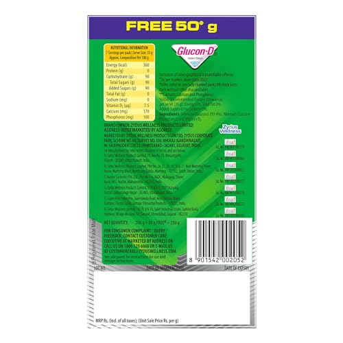 Glucon-D Regular Glucose Powder(200g+50g, Refill)| For Tasty Glucose Drink| Provides Instant Energy| Vitamin D2 Supports Immunity