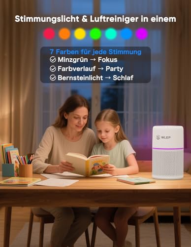 Luftreiniger für Schlafzimmer mit Licht, 360° Luftstrom, H13 HEPA-Filter (99,97% Effizienz), 4 Geschwindigkeiten, CADR 90 m³/h, Timer, 2000h Filterlebensdauer