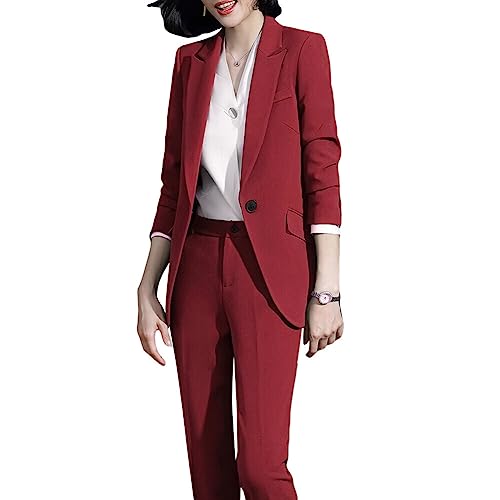 YFFUSHI Women 2-Piece Trouser-Suit Jacket Ladies Formal Office Business Blazer Coat,Burgundy,M