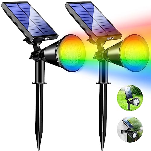 KEV Solar Spot Lights Outdoor,18 LEDs Solar Flood Lights with 8 Modes &Colored Adjustable &IPX65 Waterproof,Halloween Solar Spotlight for Driveway/Backyard/Landscape/Tree/Garage(Multicolor,2 Pack)