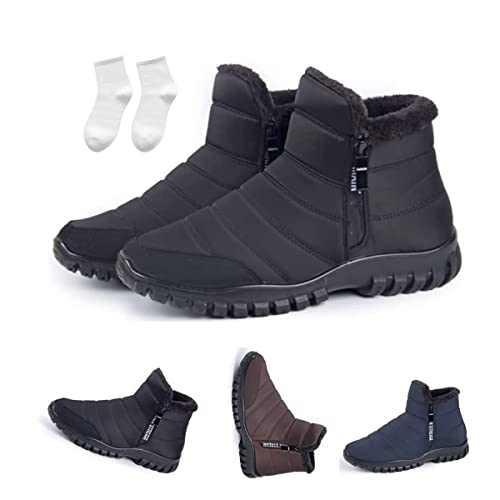 Men's Waterproof Warm Cotton Zipper Snow Ankle Boots, Winter Warm Slip on Thick Plush Booties Waterproof Snow Boots
