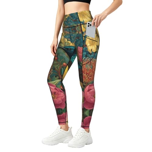 Leggings elásticos de cintura alta pantalones de yoga para mujer con bolsillos y flores