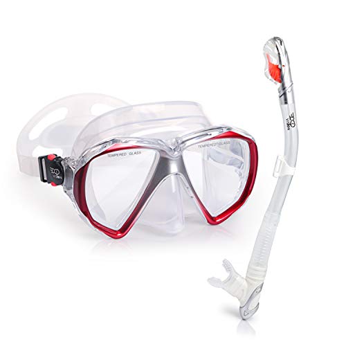 EXP VISION Snorkel Set, Dry Top Snorkel Mask Anti-Leak for Women and Men, Anti-Fog Snorkeling Gear Free Breathing, 180° Panoramic View Tempered Glass Swimming Diving Scuba Goggles