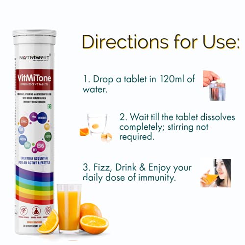 NUTRISROT VitMiTone Multivitamin Effervescent Tablets with Vitamin A, B12, C, D, B Complex, Biotin, Folate| Minerals-Calcium, Magnesium, Iron & Zinc| Helps Boost Immunity & Brain Health| Full of Antioxidants in Orange Flavour(2x20)