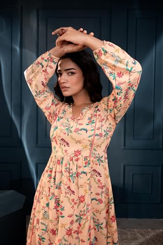 Image of Juniper Floral Printed Fit & Flare Viscose Dress with Full Sleeves