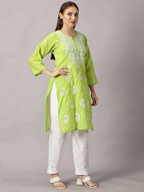 Image of FCH, Fashionable Chikan Handikraft Women's Cotton Lucknowi Chikankari Printed Straight Kurta for Regular Wear Girls Flared Kurta