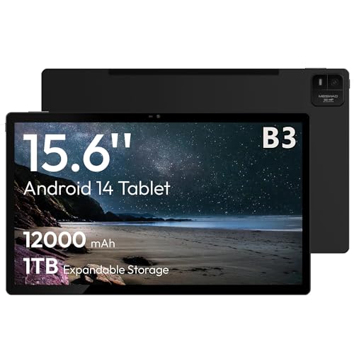 MESWAO 15.6 Inch Android 14 Tablet, 2025 Large Tablet with1080 IPS HD Display Big Screen, 8-Core, 6GB+128GB, Support 1TB TF Card, 12000mAh Long Lasting Battery for Movie/Work-Space Gray