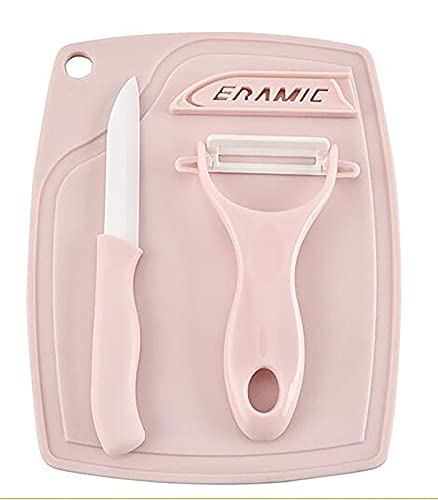 JIAJU--DJ 3-Piece Ceramic Fruit Knife Cutting Board Knife Peeler Set Picnic Home Mini Small Kids Cutting Board Set for Kitchen Cutting Fruits and Vegetable Peeler Pink