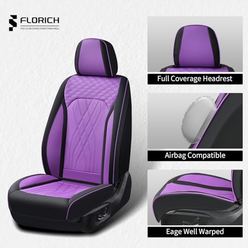 Image of FLORICH Seat Covers for Cars Purple Leather Car Seat Covers Front Pair Breathable Automotive Car Seat Cover Non-Slip Easy Installation Comfortable Universal Fit for Most Car Truck SUV, Black&Purple