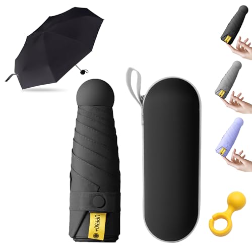 KunpengZen Mini paraguas, 8 varillas, paraguas plegable compacto para sol, lluvia, ligero, 290 g, paraguas de viaje anti-UV con funda para cápsulas para hombres, mujeres y adolescentes, color negro,