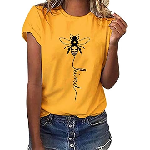 CMTOP Women Bee Kind T-Shirt Ladies Bee Graphic Shirt Crew Neck Short Sleeve Summer Tee Print Tops Slouch Blouse Loose Fit Casual Pullover Tees Tops for Outdoor Crew Neck Yellow Cover