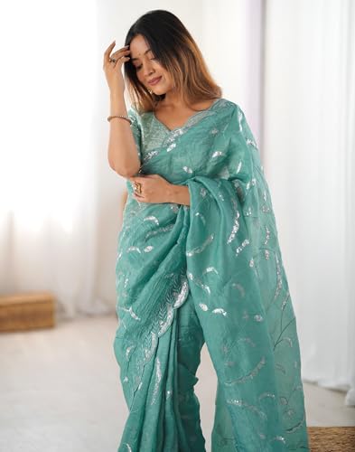 Image of SIRIL Women's Tissue Silk Sequence Embroidery Saree With Unstitched Blouse Piece