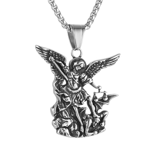 HZMAN Saint Michael Necklace, Stainless Steel St Michael the Archangel Pendant Amulet for Men Women Gift