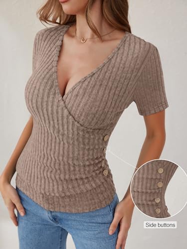 ANRABESS Women Short Sleeve V Neck Shirts,Tan,XS — view 4