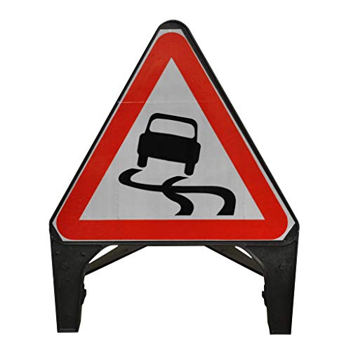 Street Solutions UK - 750mm Road Q-Sign 'Slippery Road Surface' - Plastic with Folding Leg
