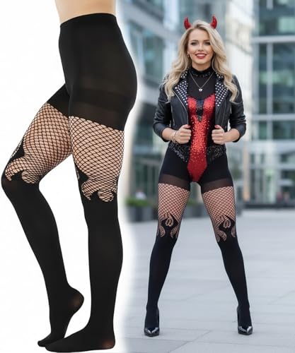 Image of ToBeInStyle Women's Flame Burning Fire Tights w /Devil-Inspired Print Hosiery