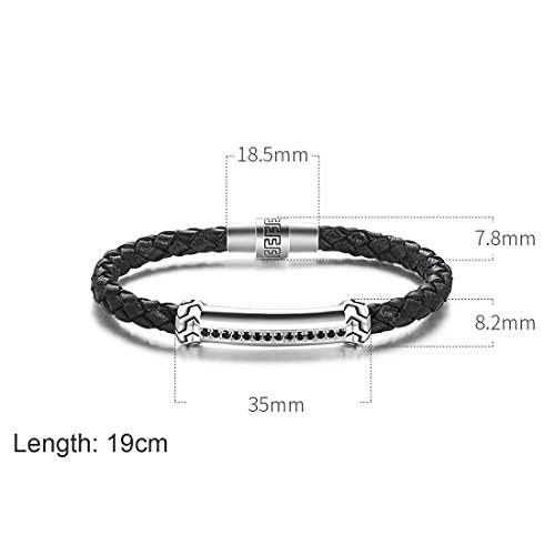 Carleen Freedom 925 Sterling Silver Genuine Mens Leather Bracelet Valentines Day Gift Idea Black Spinel Braided Rope Energy Charm Magnetic Clasp, 8.3" Black #TOP3