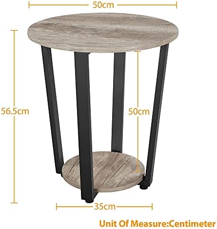 Yaheetech Round Side Table, Industrial Nightstand Sofa End Table with 2 Storage Shelves, Stable Bedside Table with Metal Frame for Living Room Home Office Bedroom, Easy Assembly, Gray