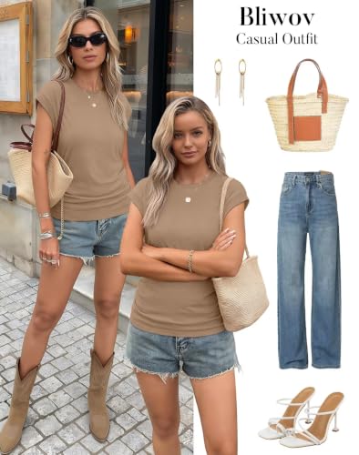 Image of Bliwov Womens Summer Tops Cap Sleeve Crew Neck Casual T Shirts
