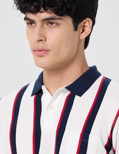 Image of Peter England Men's 100% Cotton Vertical Striped Polo T-Shirt - Casual Wear | Sleek & Comfortable