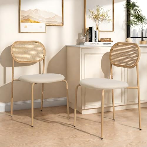 Dormely Lot de 2 Chaises de Salle à Manger, Chaise cannage avec Dossier en Rotin et Pieds en Métal, Chaise de Cuisine avec Siège Rembourré Confortable pour Salle à...