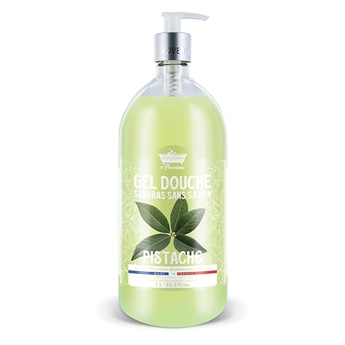 Gel Douche 1L Pistache Les Petits Bains de Provence - Format Familial | Surgras Sans Savon | Extrait Bio de Pistache | Visage Corps Cheveux | Made in France Provence | Testé Dermatologiquement