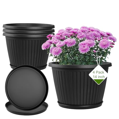 Fodetyff 14-inch-Plastic-Plant-Pots-with-Saucer, Flower Pots Containers for Indoor Outdoor Plants, Large