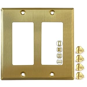 STANDARD SIZE Modern Metal Gold Double Light Switch Wall Plate or Outlet Cover Wall Plate, Corrosion Resistant Receptacle Wallplate Rocker Covers Decora 2 Gang Brushed Brass