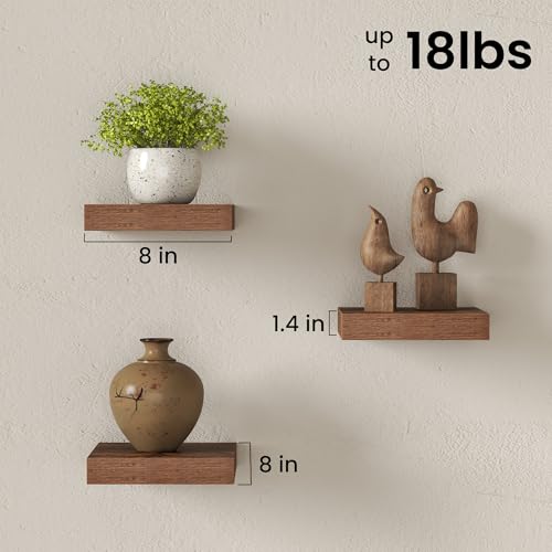 Image of Fun Memories Small Floating Shelves for Wall - 8 Inch Square Wall Shelves with Invisible Brackets, Brown Shelves for Bathroom, Living Room, Bedroom, and Kitchen Decor, Set of 3