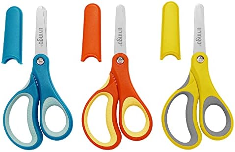 LIVINGO 3 Pack 5” Kids Scissors, Left/Right Handed Blunt Stainless Safety Toddler Preschool Child Scissors with Cover, School Classroom Craft Supplies for Teachers, Yellow/Blue/Gray