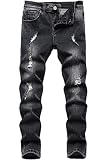 Boy's Skinny Fit Elastic Waist Ripped Distressed Stretch Fashion Slim Jeans Pants,Black,14
