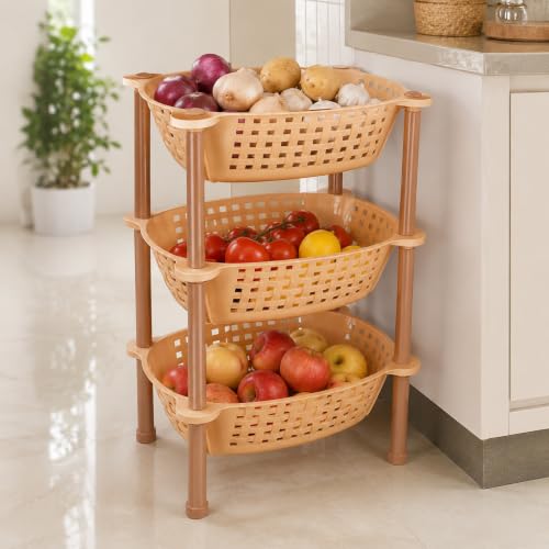 Image of Sulfar Nixy Series Premium Multipurpose Plastic Trolley with Dish Rack for Kitchen Fruit Vegetable Storage Basket Modern Organizer-3 Layer Stackable Shelf
