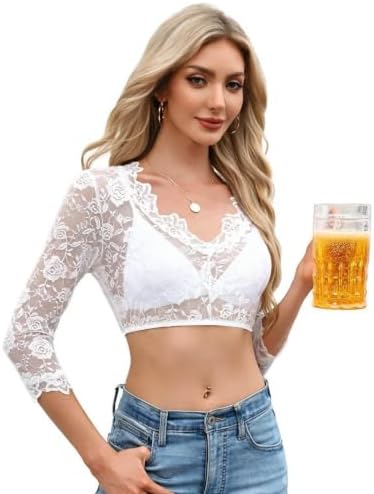 Dirndl Bluse Damen Dirndlbluse Spitze Weiß Trachtenbluse für Oktoberfest | Dirndl Schwarz丨Langarm V Ausschnitt Dirndlbluse丨3/4 Ärmel Spitzenbluse丨Stretch Tracht Bluse丨XS-3XL