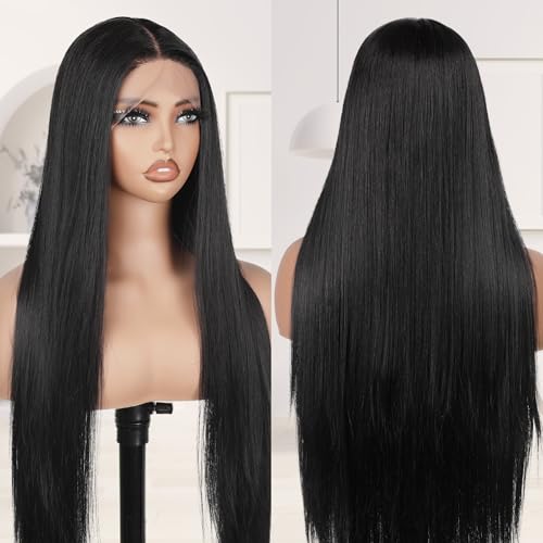 Long Straight Wig Nature Black Synthetic Lace Front Wig Pre-Plucked