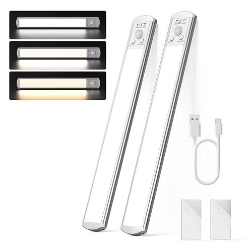 Joyzy 2 Pack Rechargeable Under Cabinet Lighting Battery Operated Closet Light,92 LED Motion Sensor Indoor, Dimmable Step Night Light Counter Lights, Wireless Sink Lighting Lamp Stove Hallway