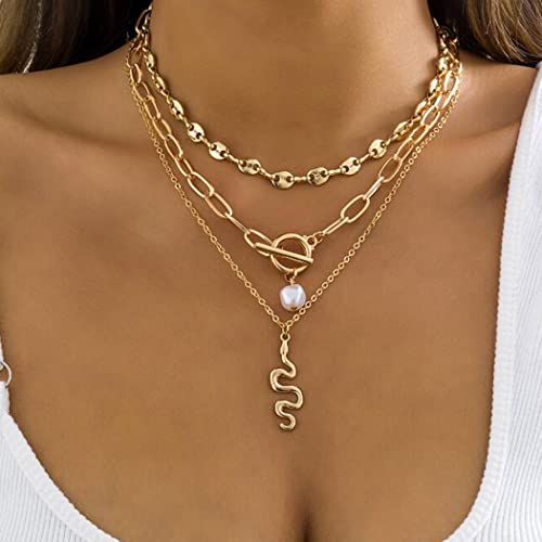 Aukmla Boho-Halskette mit Schlangenanhänger, Goldfarben, Perlen-Choker-Halskette, Schmuck für Frauen und Mädchen (3 Stück) Cover