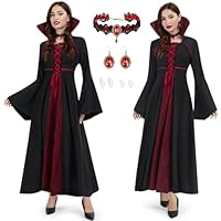 Joellfuner Costume Vampiro Donna, Costume Halloween Donna, Vestito Gotico Vampiro Costumi con Collo Alto Rosso e Nero, Collana, Orecchini, Denti per Halloween Carnevale Cosplay (M)