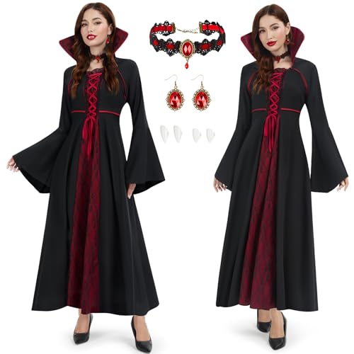 Joellfuner Vampire Kostüm Damen, Halloween Kostüm Damen, Gothic Mittelalter Vampir Kleid mit Rotem und Schwarzem Stehkragen, Halskette, Ohrringe,...