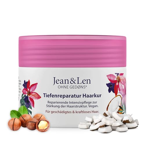 Jean & Len Tiefenreparatur Haarkur Kokosöl & Macadamia, für stark geschädigtes Haar, wirkt Haarbruch entgegen, Kokos & Macadamia Duft, ohne Parabene und Silikone, vegan, 250ml