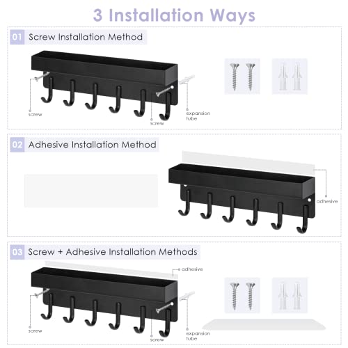 Vis'v Key Holder Wall Mounted, Frosted Black Stainless Steel Key Mail Organizer Small Key Rack With Tray Adhesive Key Hanger With 6 Key Hooks For Entryway Hallway Doorway Garage #TOP1
