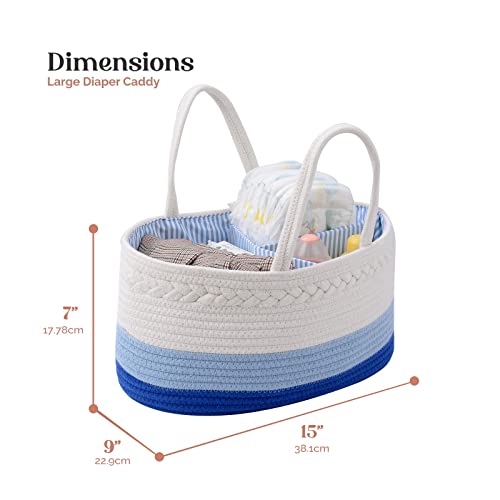 Image of luxury little Diaper Caddy Organizer, Large Cotton Rope Nursery Baby Basket, Changing Table Organizer for Baby Diaper Storage, Portable Car Organizer Removable Divider (Blue, Large)