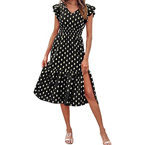 Tops casuales de verano para mujer, con volantes, sin mangas, cuello en V, vestido midi fluido, elegante vestido de cóctel con abertura, vestidos de cóctel de algodón para mujer, blusa holgada, tops
