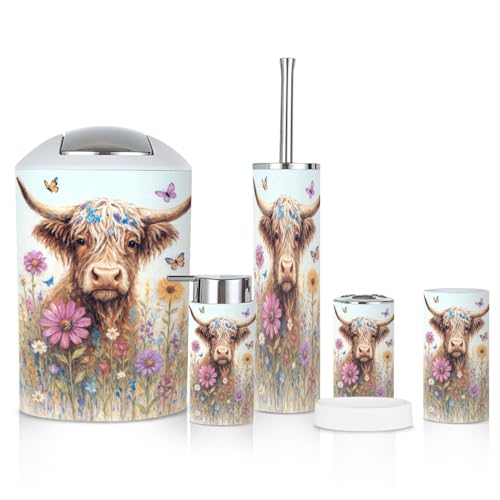 6 Piece Bathroom Accessories Set Highland Cow Rustic Farmhouse Animal