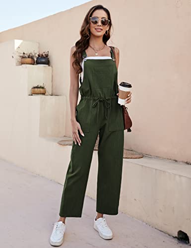 Tanming Black Overalls For Women Adjustable Strap Drawstring Cotton Linen Jumpsuits (Armygreen-M) #TOP2
